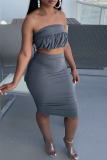 Dark Gray Sexy Solid Patchwork Fold Strapless Sleeveless Two Pieces