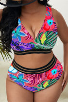Red Fashion Sexy Print Patchwork Backless V Neck Plus Size Swimwear (With Paddings)