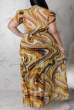 Yellow Sexy Print Patchwork See-through Asymmetrical Mandarin Collar Straight Plus Size Dresses