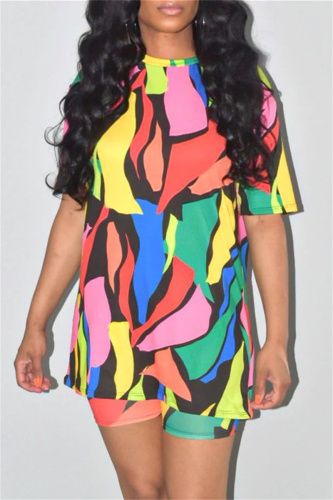 Colour Fashion Casual Print Basic O Neck Short Sleeve Two Pieces