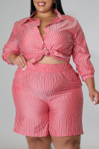 Red Casual Striped Print Patchwork Buckle Turndown Collar Plus Size Two Pieces