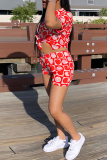 Red Fashion Casual Print Basic Turndown Collar Short Sleeve Two Pieces