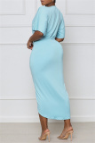 Blue Fashion Casual Solid Patchwork V Neck Short Sleeve Dress
