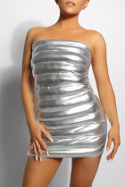 Silver Sexy Street Solid Patchwork Strapless One Step Skirt Dresses