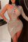 Apricot Fashion Sexy Patchwork Hot Drilling Hollowed Out Backless Half A Turtleneck Irregular Dress