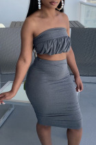 Dark Gray Sexy Solid Split Joint Fold Strapless Sleeveless Two Pieces