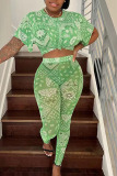 Green Sexy Print Patchwork See-through O Neck Short Sleeve Two Pieces