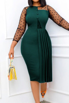 Green Casual Solid Split Joint Fold O Neck Straight Dresses