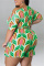 Green Fashion Casual Print Basic Oblique Collar Plus Size Romper