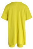 Yellow Casual Solid Patchwork V Neck Short Sleeve Two Pieces