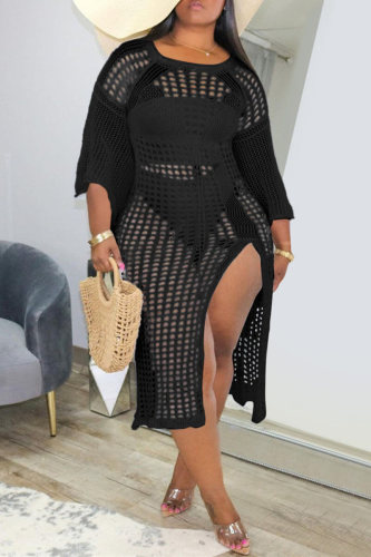 Black Fashion Casual Solid Hollowed Out See-through Swimwears Cover Up