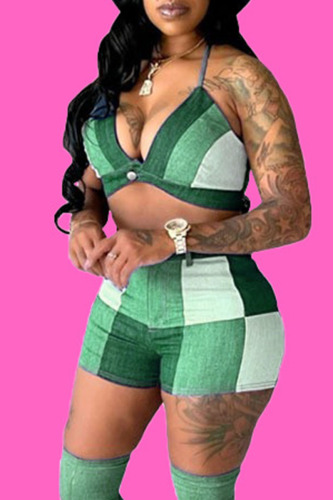 Green Sexy Print Patchwork Halter Sleeveless Two Pieces