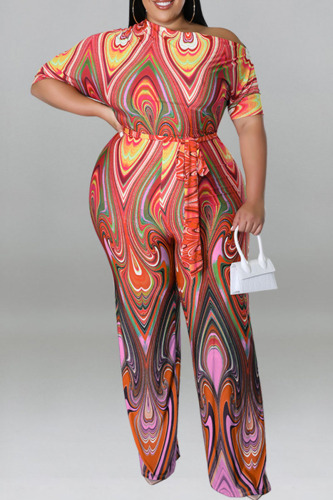 Red Fashion Casual Print Basic Oblique Collar Plus Size Jumpsuits