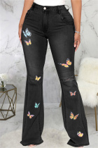 Black Fashion Casual Embroidery Ripped High Waist Regular Denim Jeans