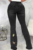 Black Fashion Casual Embroidery Ripped High Waist Regular Denim Jeans
