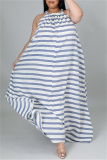 White Fashion Casual Plus Size Striped Print Backless O Neck Sleeveless Dress