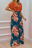 Orange Sexy Print Patchwork Fold V Neck Short Sleeve Two Pieces