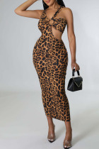 Leopard Print Sexy Print Leopard Hollowed Out Split Joint Asymmetrical Asymmetrical Collar One Step Skirt Dresses
