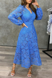 Blue Fashion Solid Lace V Neck Lace Dress Dresses