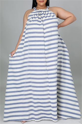 White Fashion Casual Plus Size Striped Print Backless O Neck Sleeveless Dress