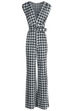 Black White Casual Print Patchwork With Belt V Neck Straight Jumpsuits(Contain The Belt)