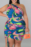 Khaki Sexy Print Hollowed Out Draw String Frenulum Backless One Shoulder Sleeveless Dress Plus Size Dresses