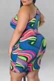 Khaki Sexy Print Hollowed Out Draw String Frenulum Backless One Shoulder Sleeveless Dress Plus Size Dresses