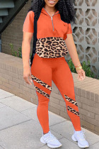Orange Fashion Casual Print Leopard Split Joint Zipper Collar Short Sleeve Two Pieces