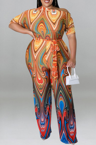 Yellow Fashion Casual Print Basic Oblique Collar Plus Size Jumpsuits