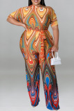 Red Fashion Casual Print Basic Oblique Collar Plus Size Jumpsuits