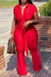 Rose Red Fashion Solid Bandage Turndown Collar Boot Cut Jumpsuits