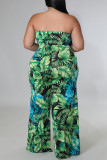 Green Fashion Casual Print Backless Strapless Plus Size Jumpsuits