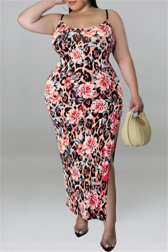 Pink Fashion Sexy Plus Size Print Backless Slit Spaghetti Strap Long Dress