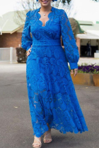 Blue Fashion Solid Lace V Neck Lace Dress Dresses