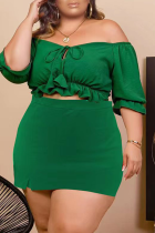Green Sexy Solid Draw String Off the Shoulder Plus Size Two Pieces