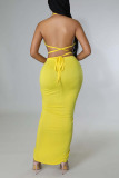 Yellow Sexy Solid Bandage Patchwork Backless Fold Halter Sleeveless Two Pieces