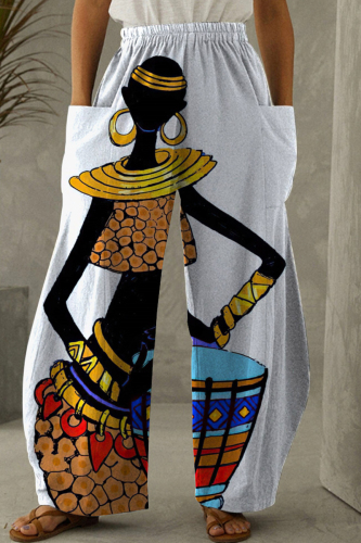 Light Gray Fashion Casual Print Patchwork Pocket Regular High Waist Trousers