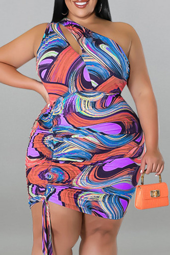 Purple Sexy Print Hollowed Out Draw String Frenulum Backless One Shoulder Sleeveless Dress Plus Size Dresses