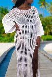 White Fashion Casual Solid Hollowed Out See-through Swimwears Cover Up