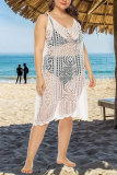 White Fashion Sexy Plus Size Solid Hollowed Out See-through V Neck Beach Dress
