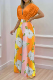 Tangerine Sexy Print Patchwork Fold V Neck Short Sleeve Two Pieces