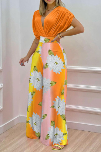 Orange Sexy Print Patchwork Fold V Neck Short Sleeve Two Pieces