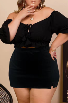 Black Sexy Solid Draw String Off the Shoulder Plus Size Two Pieces