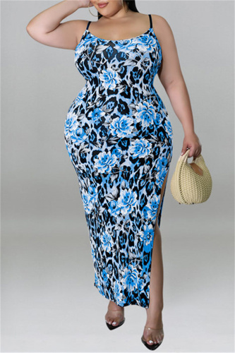 Blue Fashion Sexy Plus Size Print Backless Slit Spaghetti Strap Long Dress