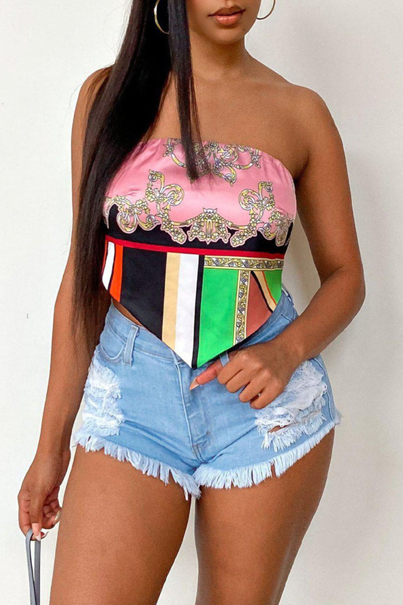 Pink Sexy Print Bandage Patchwork Backless Strapless Topstops 