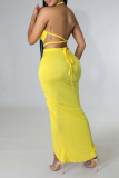 Yellow Sexy Solid Bandage Patchwork Backless Fold Halter Sleeveless Two Pieces