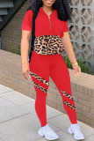 Red Fashion Casual Print Leopard Split Joint Zipper Collar Short Sleeve Two Pieces