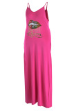 Pink Casual Print Patchwork Spaghetti Strap Sling Dress Plus Size Dresses