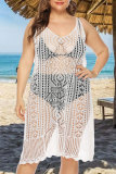 White Fashion Sexy Plus Size Solid Hollowed Out See-through V Neck Beach Dress