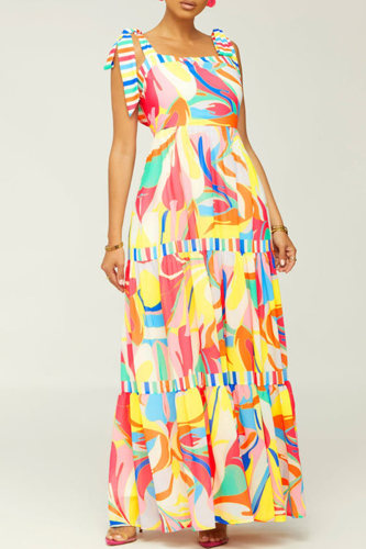 Colour Fashion Sexy Print Bandage Backless Spaghetti Strap Long Dress